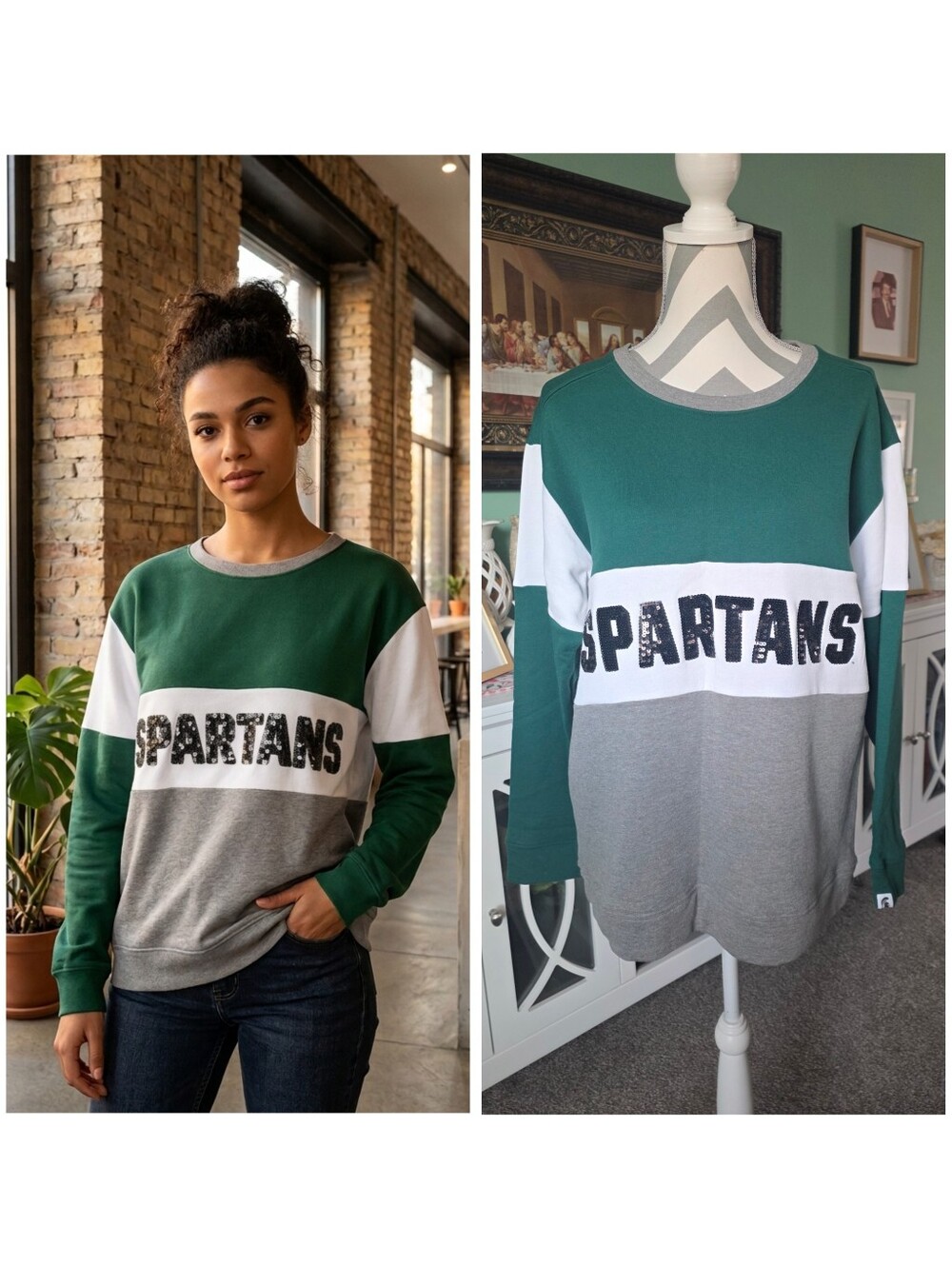 Victoria Secret PINK MSU Spartans Colorblock Crewneck Sweatshirt
